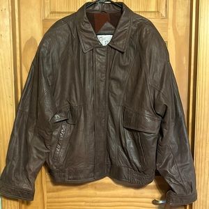 Men’s Brown Leather Jacket with Zipper and Snap Front Size XL